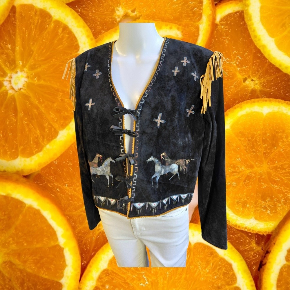 Patricia Wolf Black Suede Hand Painted Horse Fringe Western Jacket Womens Medium